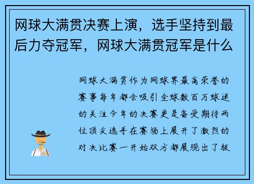 网球大满贯决赛上演，选手坚持到最后力夺冠军，网球大满贯冠军是什么意思